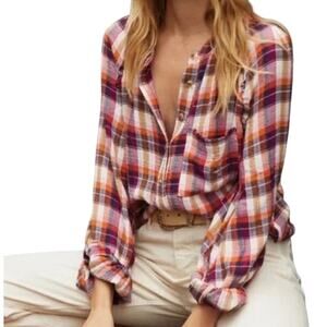 Anthropologie Pilcro Breezy Button Down Plaid Shirt Raspberry Ruffle Size XS